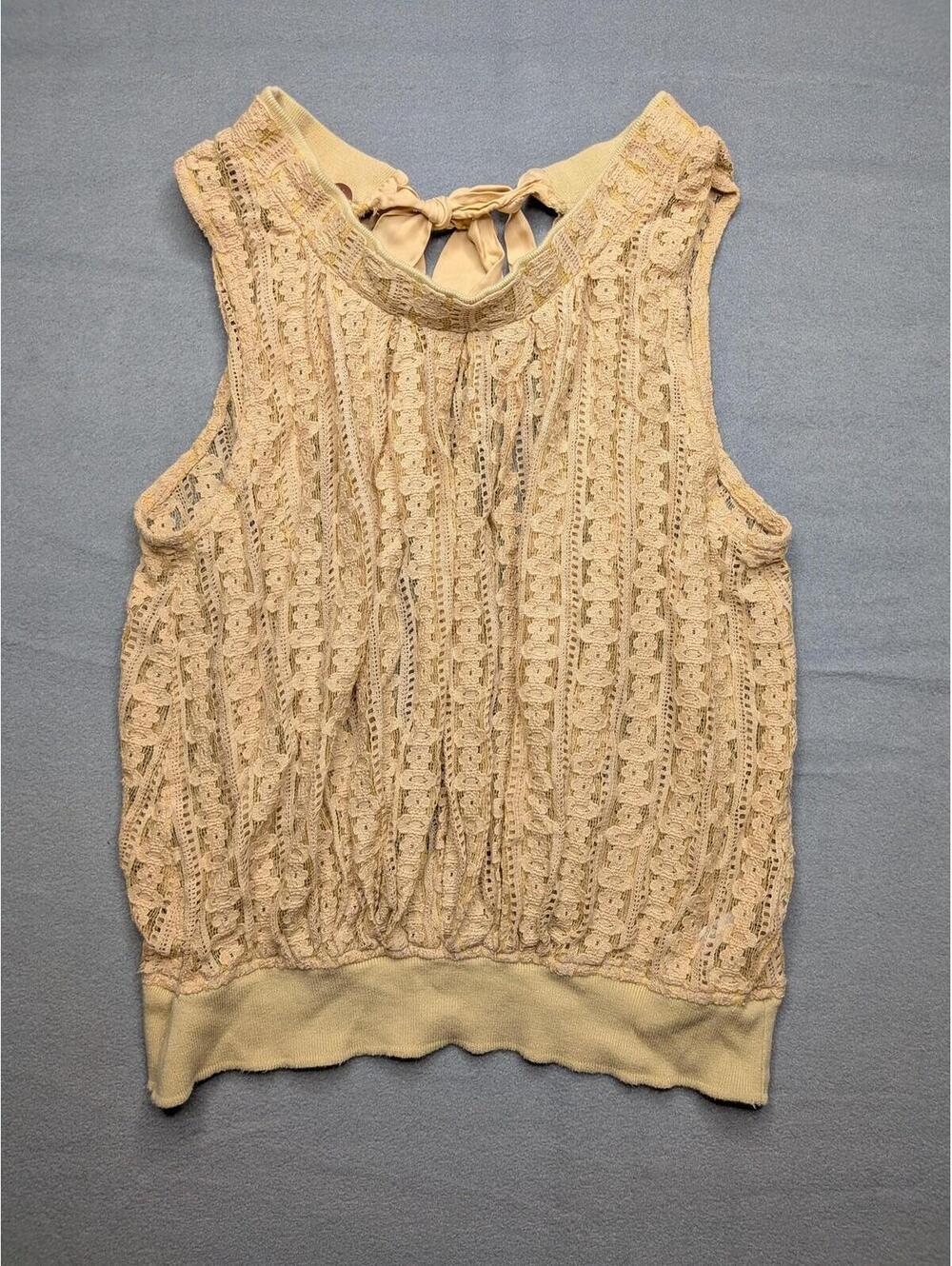 FP One Tank Top Womens XS Beige Lace Sheer Floral Scoop Neck Tie Back Boho